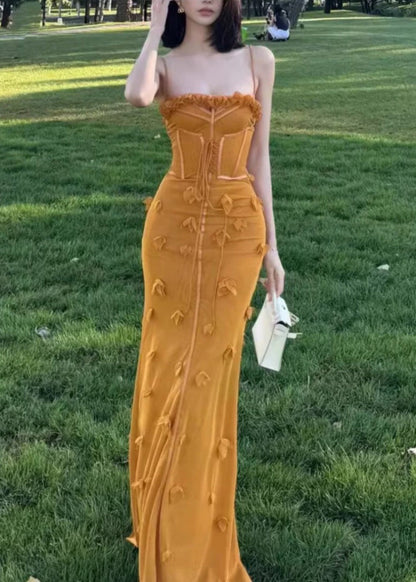 Organic Yellow Ruffled Tulle Patchwork Maxi Vestidos Sleeveless