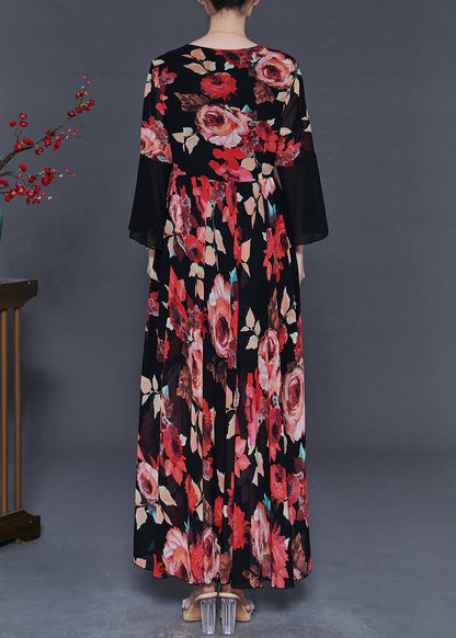 Red Patchwork Chiffon Maxi Dresses Fall
