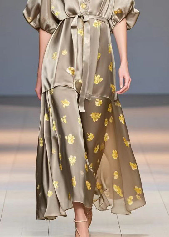 Brown V Neck Print Silk Dress Summer