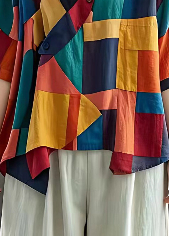 Colorblock Asymmetrical Patchwork Applique Linen Top Summer