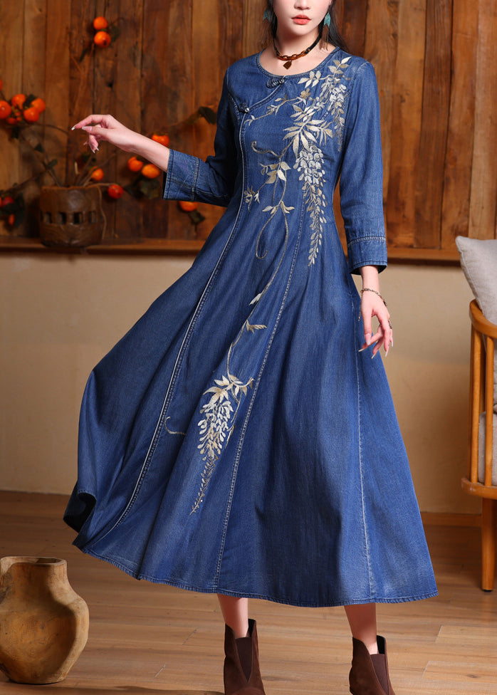 Blue O-neck Embroidered Button Long Denim Dresses Spring