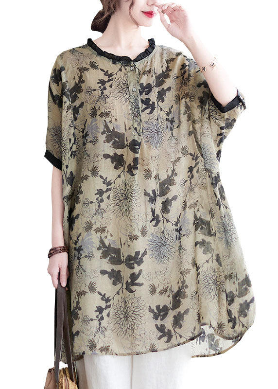 Ruffled Side Open Print Linen Long Shirts Batwing Sleeve