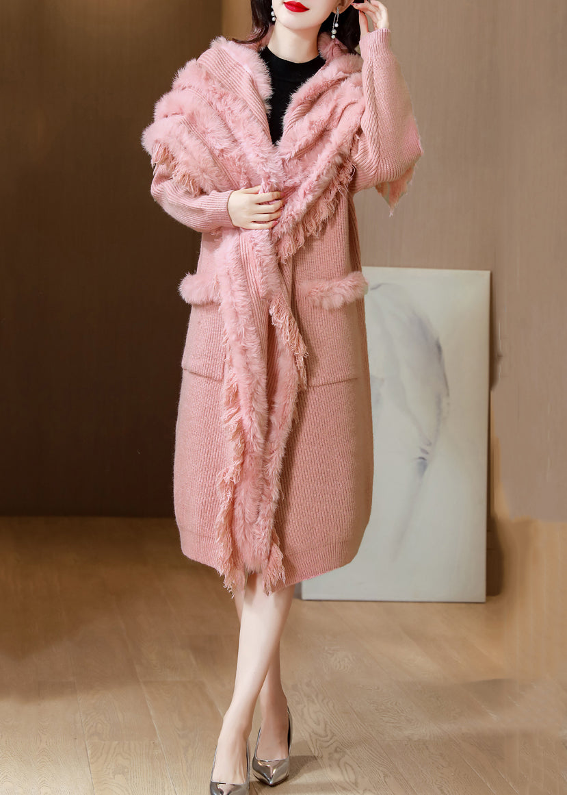 Pink Thick Knit Winter Cardigan Fox Collar