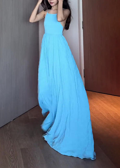 French Blue Lace Up Spaghetti Strap Dress Sleeveless