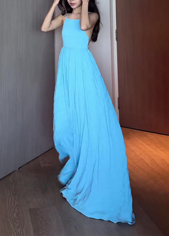 French Blue Lace Up Spaghetti Strap Dress Sleeveless