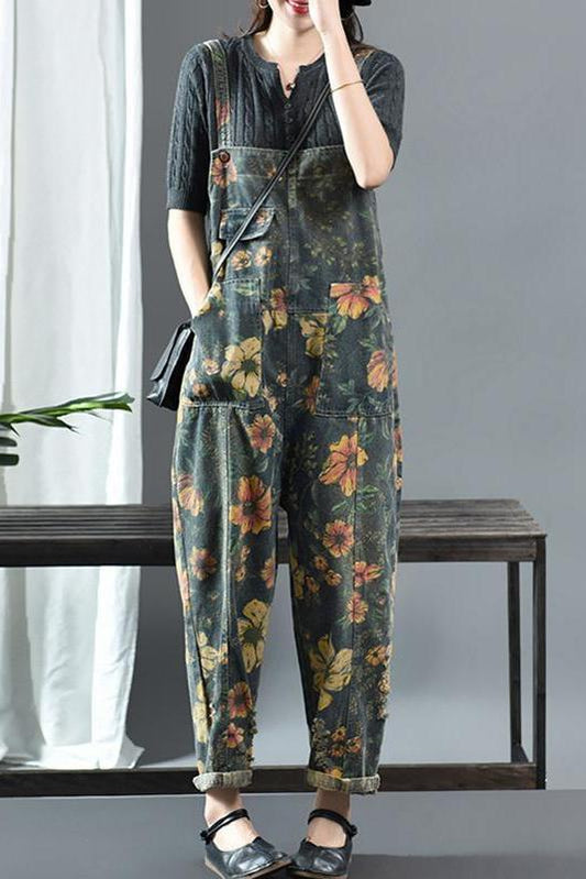 Limited Stock- Flower Print Denim Cotton Jumpsuit Dungarees