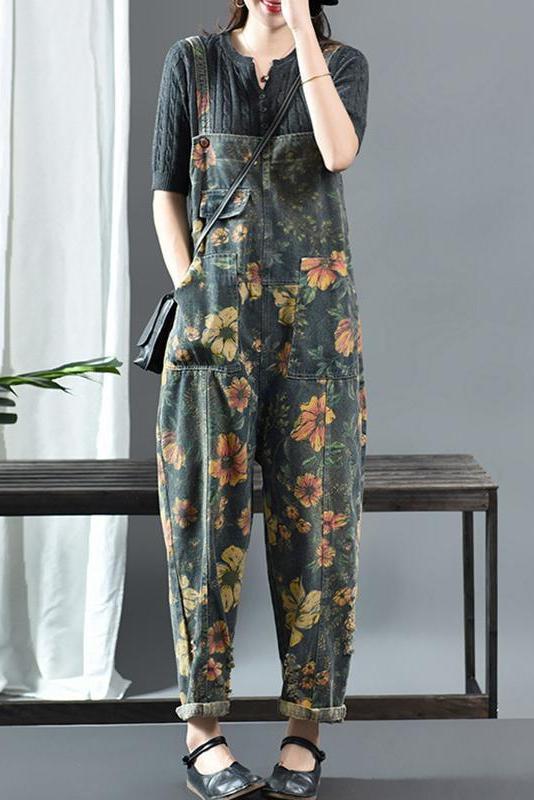 Limited Stock- Flower Print Denim Cotton Jumpsuit Dungarees
