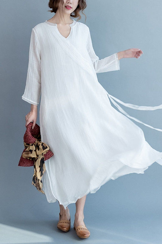White Silk Linen Long Summer Dresses V-neck Clothing