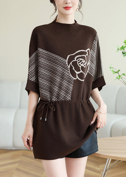 New Coffee O-neck Print Drawstring Knit Top Spring
