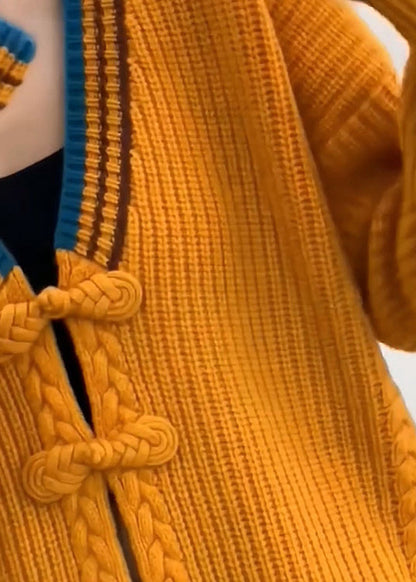 Orange V Neck Oriental Button Knit Cardigan Spring