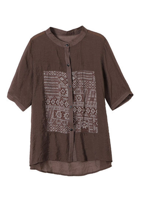 Coffee Stand Collar Print Patchwork Cotton Top Short Sleeve