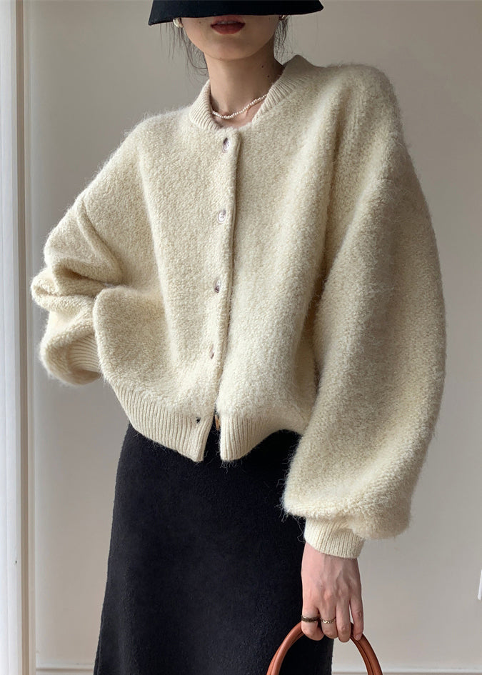 Loose Beige Button Thick Wool Knit Coats Winter
