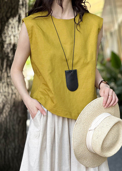 Simple Yellow O Neck Linen Top Sleeveless