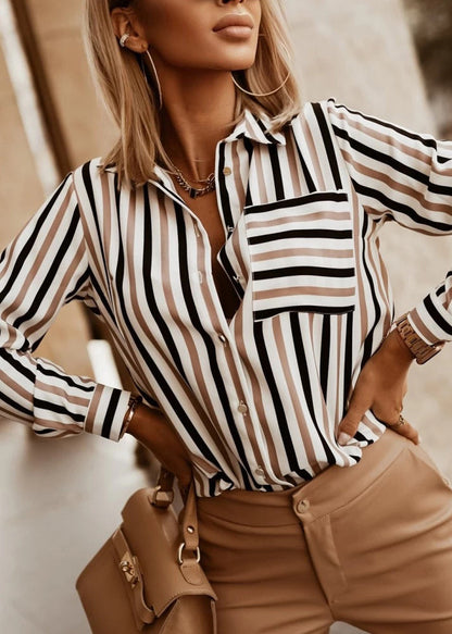 Organic Khaki Peter Pan Collar Striped Cotton Blouses Spring