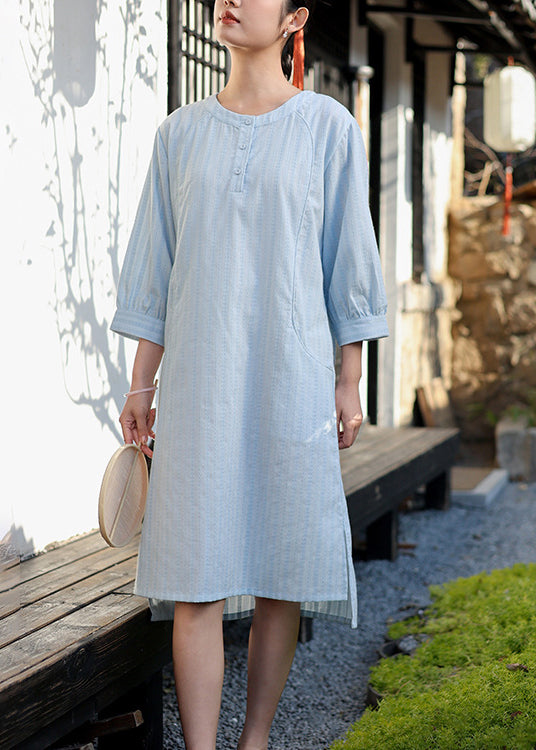 Baby Blue O Neck Jacquard Cotton Dress Spring
