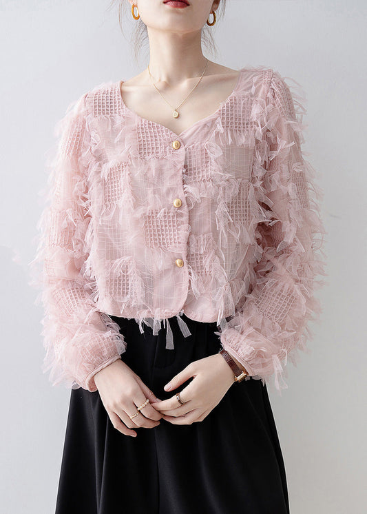 Pink Square Collar Tassel Patchwork Tulle Top Spring