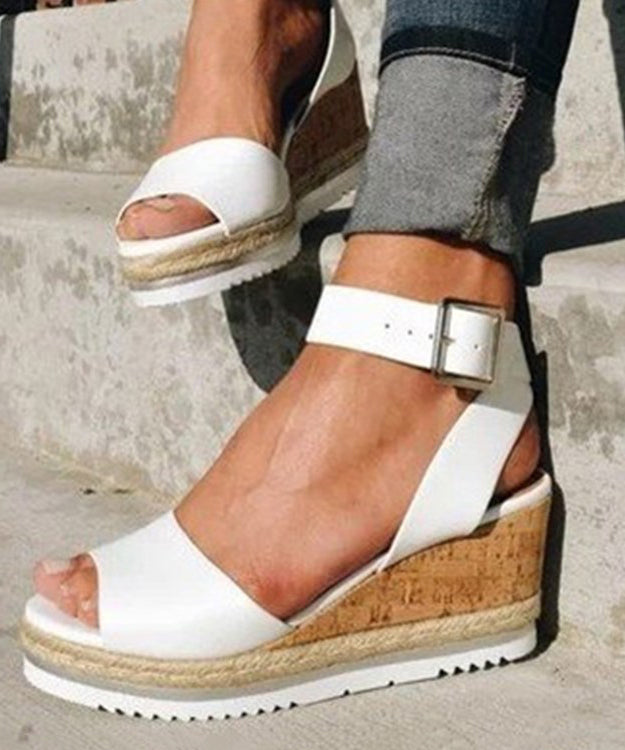 White Sandals Wedge Faux Leather Splicing Peep Toe