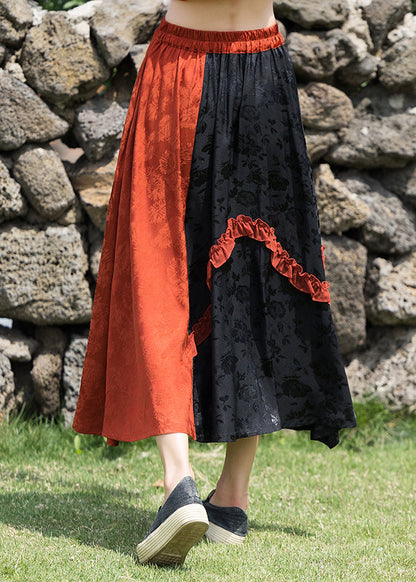 Orange Ruffled Jacquard Patchwork Silk Skirts Summer