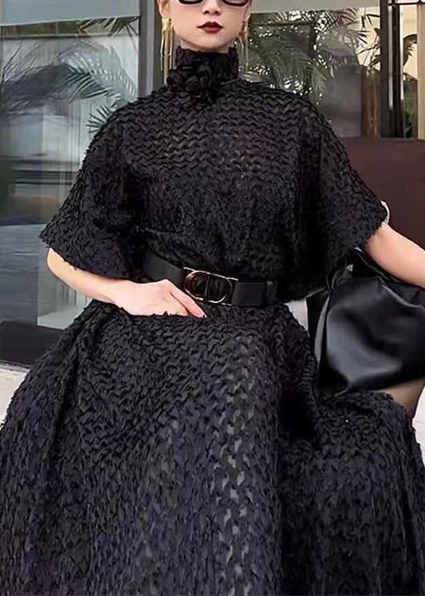 Black Hign Neck Tie Waist Cotton Dresses Fall
