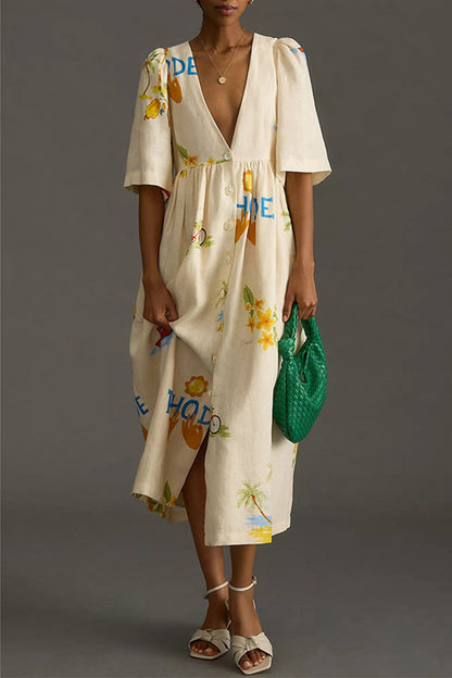 Character Print Buttons V Neck a Line Dresses