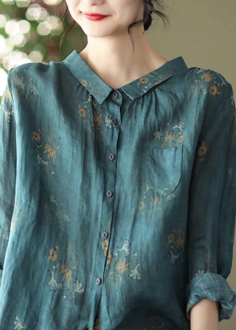 Retro Peacock Green-dark Pattern Peter Pan Collar Print Button Wrinkled Shirts Long Sleeve