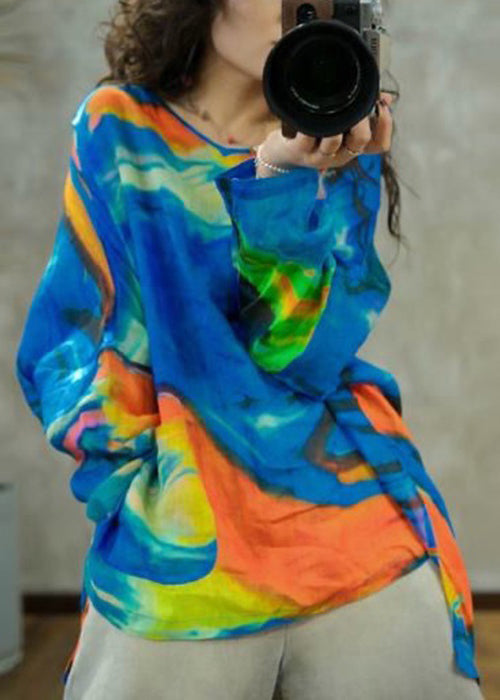 Blue O-neck Print Cotton T Shirt Long Sleeve