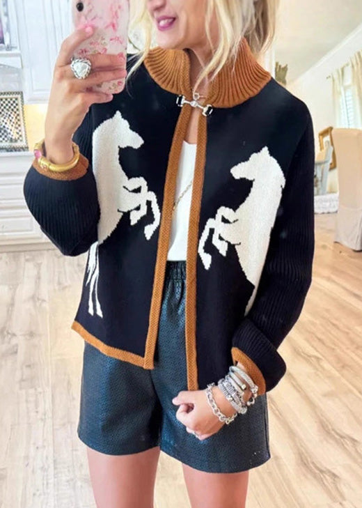 Black Stand Collar Print Knit Cardigan Fall