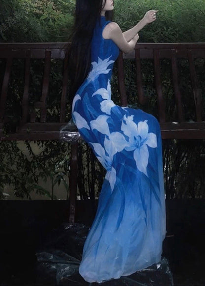 Blue O-neck Print Tulle Maxi Dresses Sleeveless