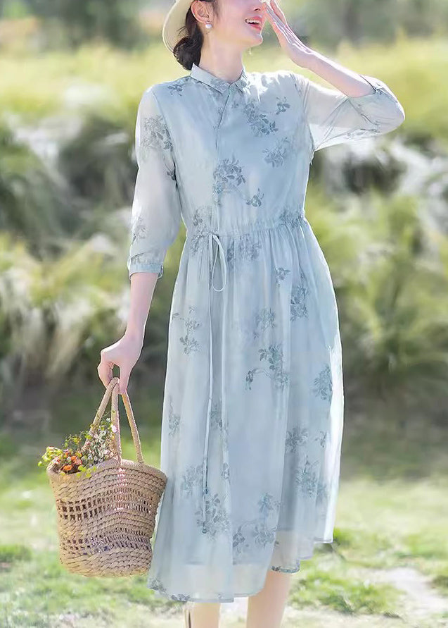 Blue Print Drawstring Chiffon Long Dress Summer