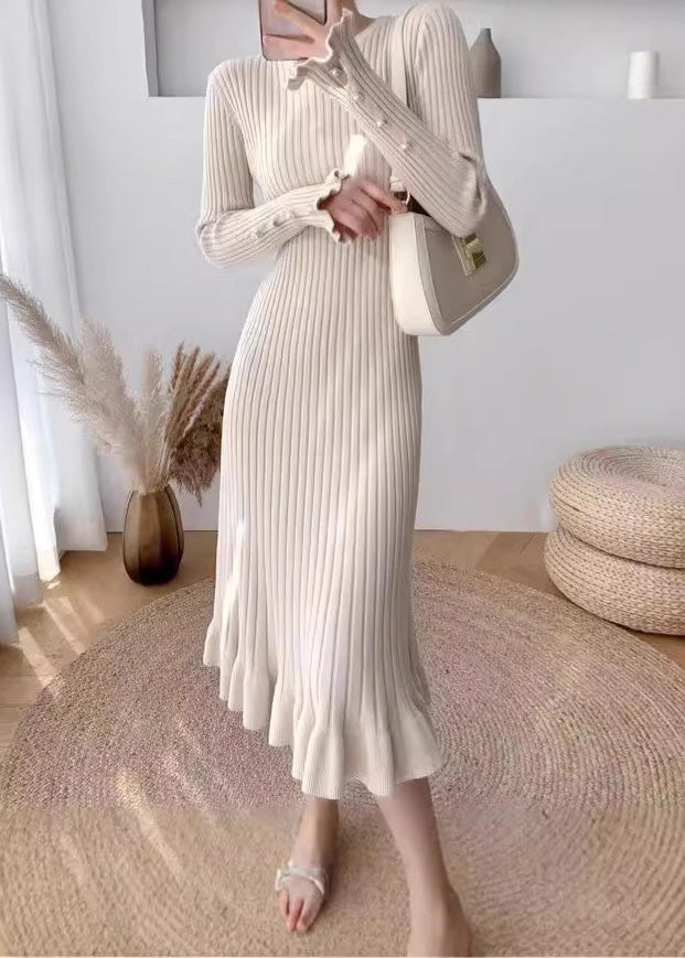 Slim Fit White O-neck Ruffled Knit Dress Long Sleeve
