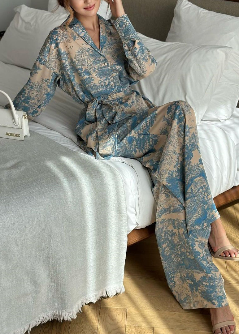 French Print Long Sleeved Lace Up Shirt and Wide Leg Pants Set
