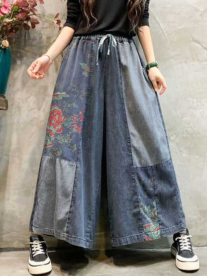 Color-block Bandage Embroidered Wide Leg Denim Pants