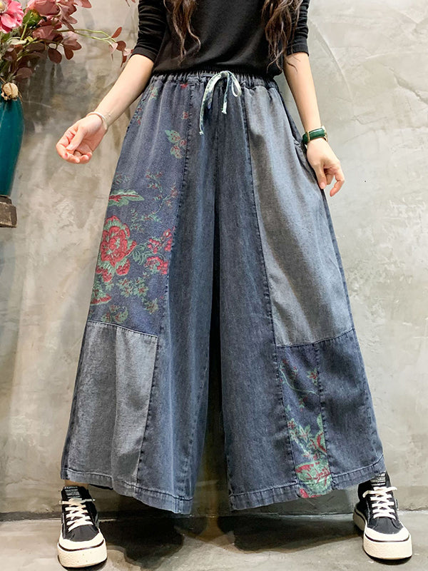 Color-block Bandage Embroidered Wide Leg Denim Pants