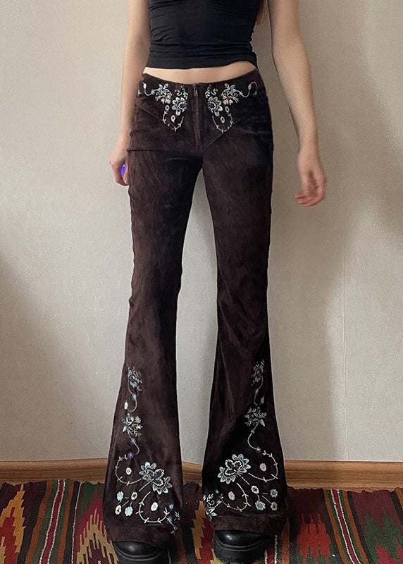 Slim Fit Chocolate Embroidered Denim Flared Trousers