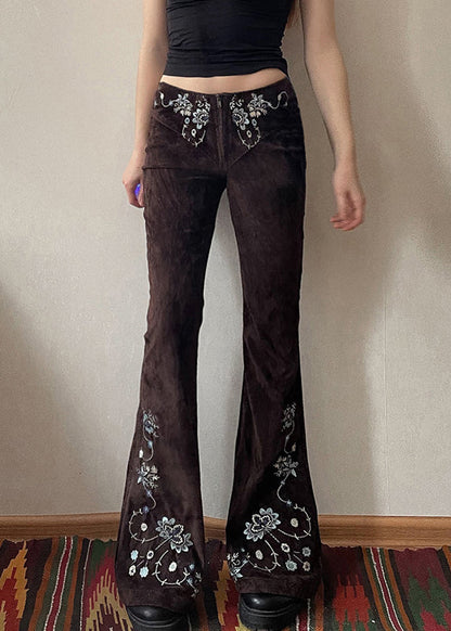 Slim Fit Chocolate Embroidered Denim Flared Trousers