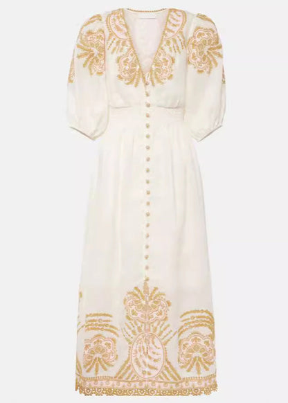 White Embroidered Button Cotton Long Dresses Summer