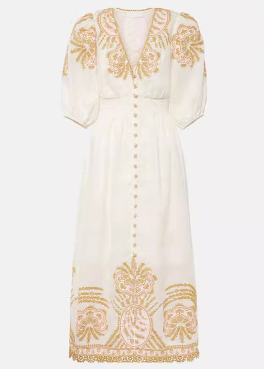 White Embroidered Button Cotton Long Dresses Summer