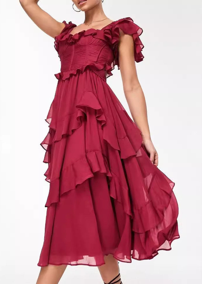 Red Backless Ruffled Cotton Long Dress Summer