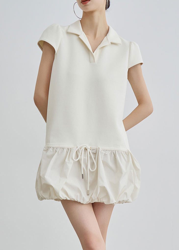 Beige Peter Pan Collar Lace Up Cotton T Shirts Dress Summer