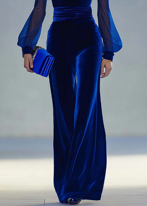 Classy Blue V Neck Patchwork Velvet Jumpsuits Fall
