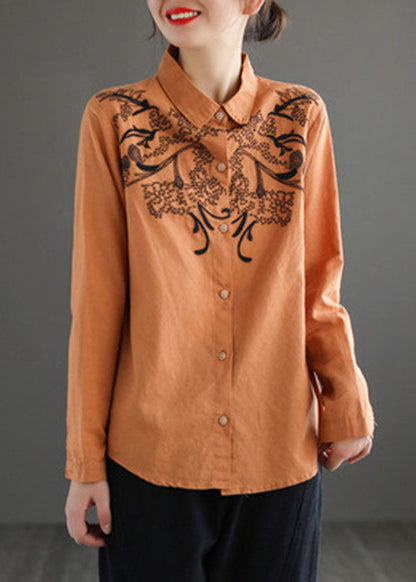 Orange Turn-down Collar Embroidered Cotton Shirt Top Long Sleeve