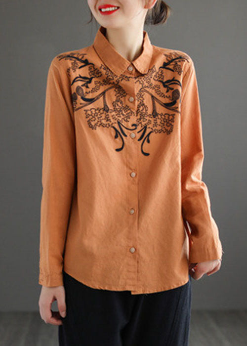 Orange Turn-down Collar Embroidered Cotton Shirt Top Long Sleeve
