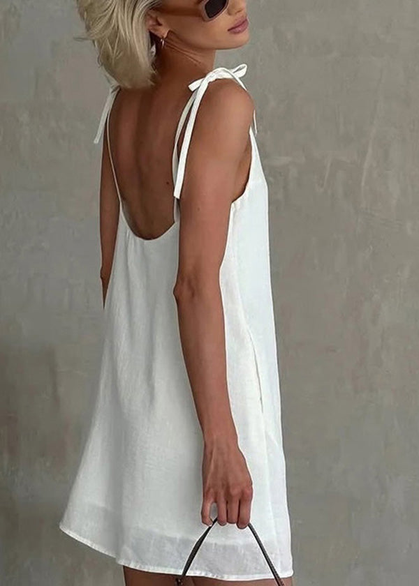 White Backless Lace Up Cotton Mini Dresses Summer