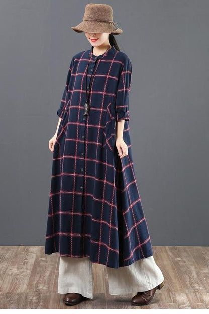 A Linen Cotton Plaid Shirt Dresses