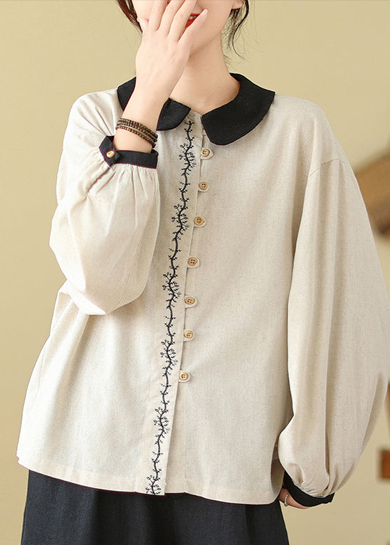 White Embroidered Patchwork Linen Shirts Spring