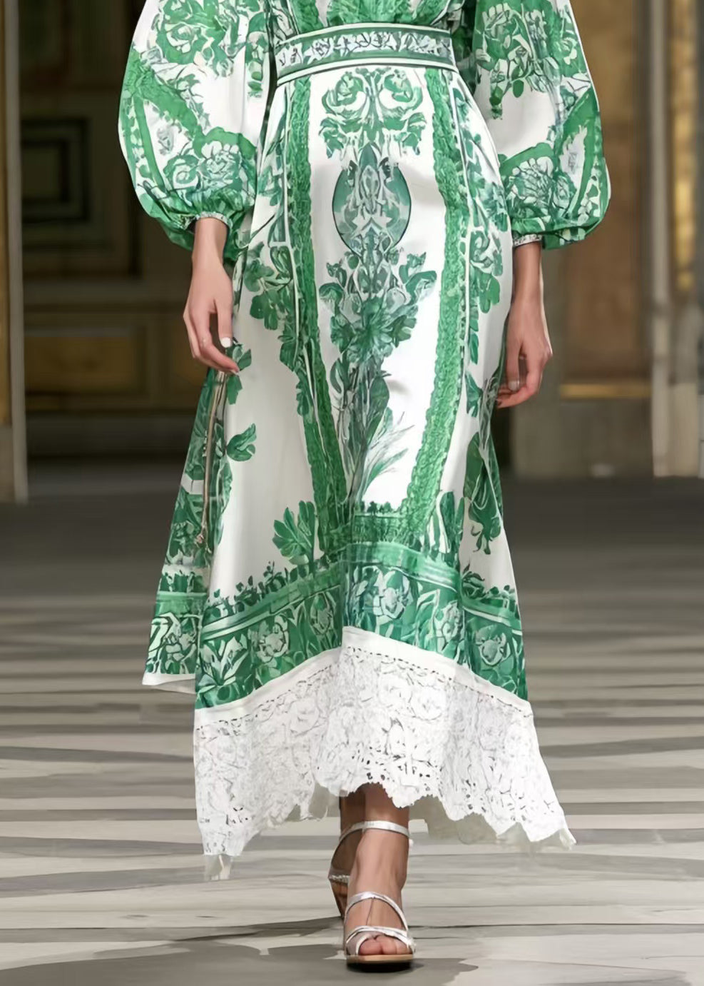 Green Puff Sleeve Patchwork Lace Robe Dresses Spring