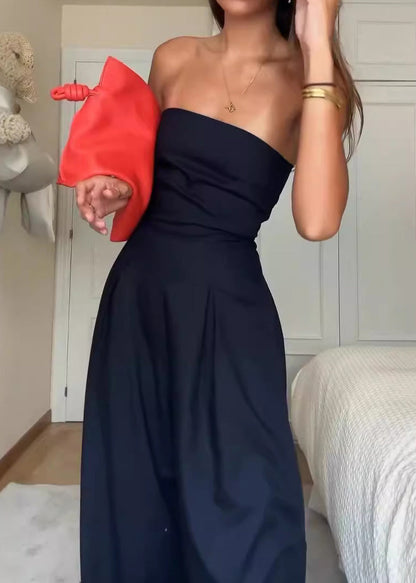 Stylish Black Strapless Backless Pockets Cotton Jumpsuits Summer