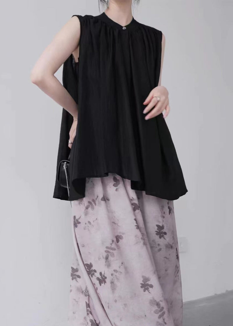 Organic Black Stand Collar Cotton a Line Shirt Sleeveless