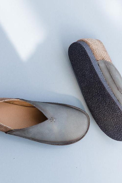 Gray and Beige Leather Flat Shoes