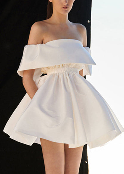 French White Slash Neck Cotton Mid Dress Summer